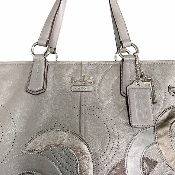 Coach Chelsea Inlaid Leather Charlie Tote Patchwork Gray Silver Blue Lining NEW - Picture 3 of 11
